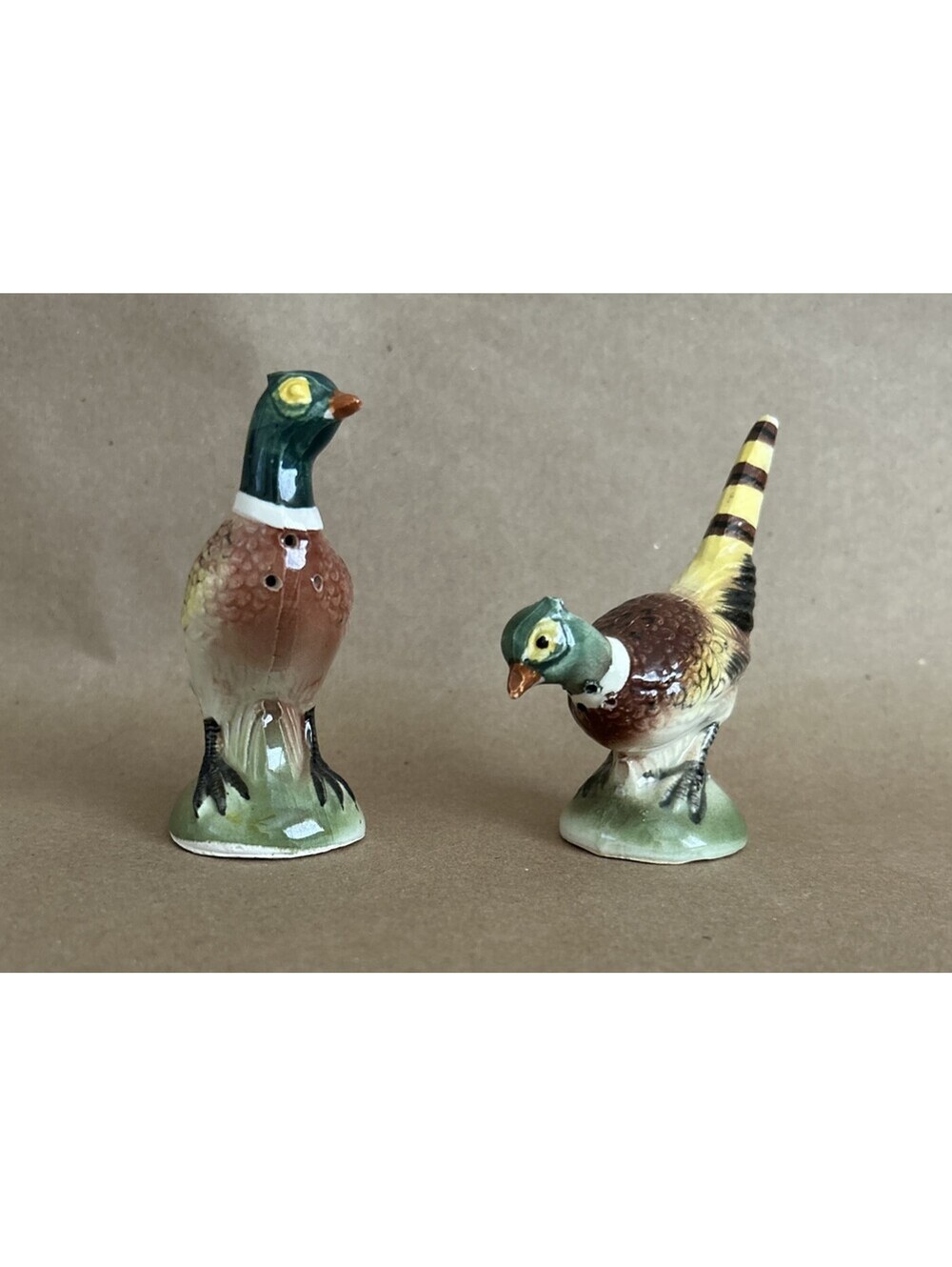Vintage Ceramic pheasant salt and pepper shakers - both have corks